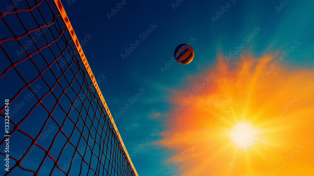 volleyball flies into net on beach during sunset, creating vibrant scene filled with warm colors and dynamic energy volleyball flies into net on beach during sunset, creating vibrant scene filled with warm colors and dynamic energy