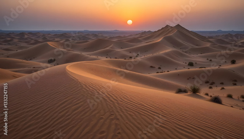 Breathtaking Desert Dunes Stretching Into the Horizon with Warm Golden Sand Under a Clear Blue Sky, Capturing the Vastness and Beauty of the Arid Landscape