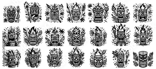 tiki mask collection tribal polynesian totem faces black and white vector set