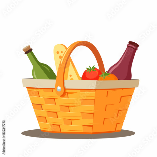 Colorful picnic basket with food items on white background, summer vibes