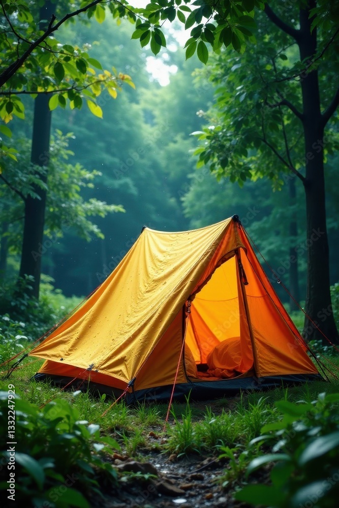 Rain patters on canvas tent, lush green canopy, protection, fog Rain patters on canvas tent, lush green canopy, protection, fog