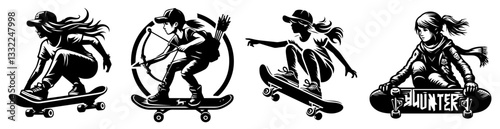 girl skaters in motion black and white extreme sports vector illustration set