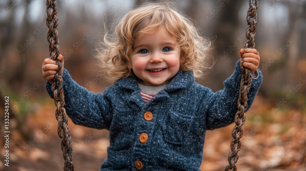 Happy toddler girl on a swing in autumn forest. Happy toddler girl on a swing in autumn forest.