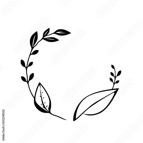 Elegant black and white botanical illustration of a circular floral wreath composed of leaves and sprigs, set against a blank white backdrop.