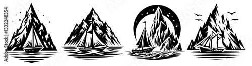 sailing boat and mountain landscape illustrations black and white adventure vector set