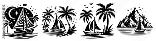 tropical sailboat scenes with palm trees and mountains in decorative vector silhouette style