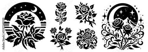 ornamental rose illustrations with moon and landscape black and white vector set
