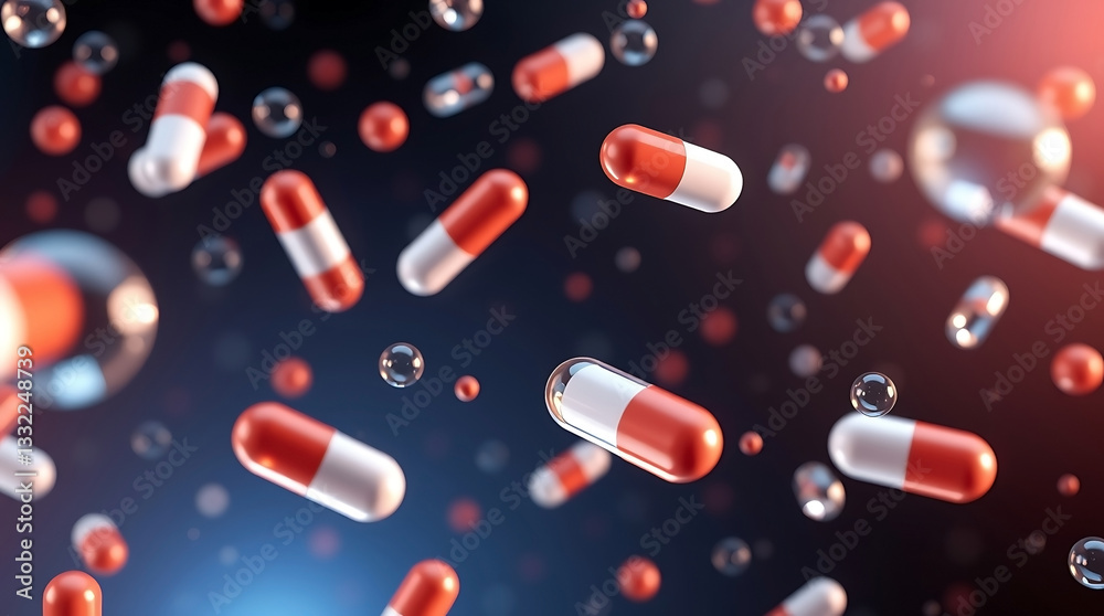 Pharmaceutical Background with Floating Capsules and Transparent Pills in 3D Style Pharmaceutical Background with Floating Capsules and Transparent Pills in 3D Style