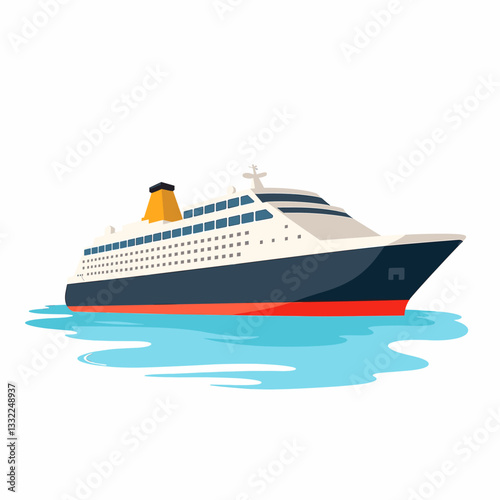 Colorful cruise ship sailing on calm waters, travel concept
