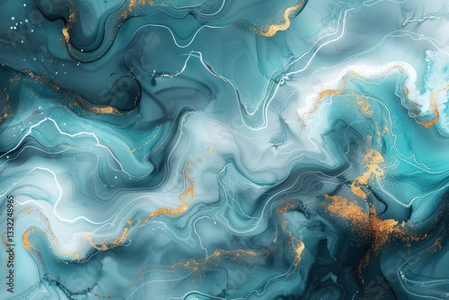 Pastel cyan mint liquid marble watercolor background with white lines.