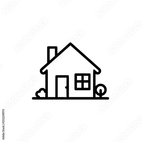 Simple house icon rendered in and Features a door window chimney and small yard Symbolic of home shelter and family values