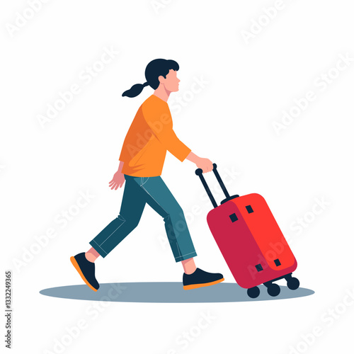 Woman walking with luggage at baggage claim, travel adventure