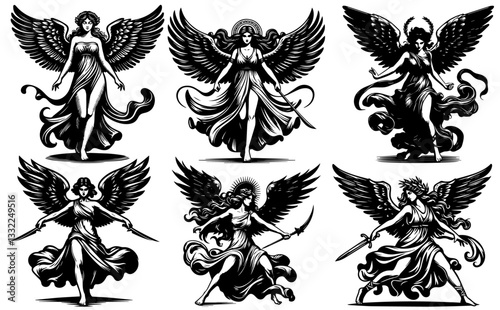 warrior angels collection with swords and wings black and white fantasy vector set