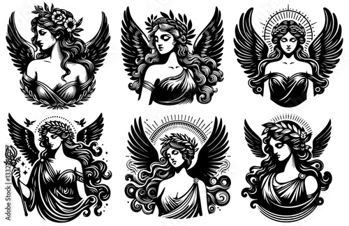 graceful angel women with halos and wings black and white spiritual vector set