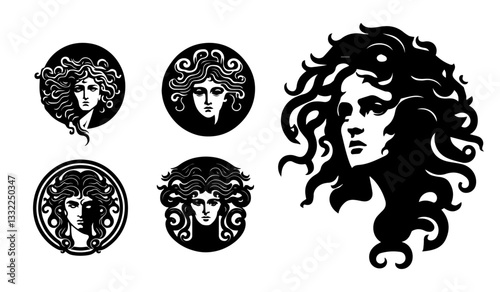 medusa head illustrations with snake hair black and white mythological vector set