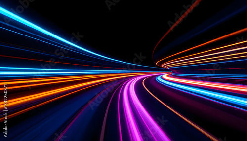 Dynamic Neon Light Trails Forming Abstract Lines, Representing Speed, Technology, Energy, and Creative Digital Motion