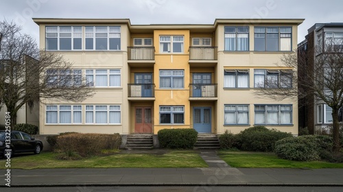 Charming Mid-Century Apartment Building with Distinctive Colors and Large Windows Surrounded by Lush Greenery, Perfect for Urban Living and Architecture Enthusiasts