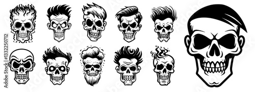 skull heads with stylish haircuts black and white hipster tattoo vector set
