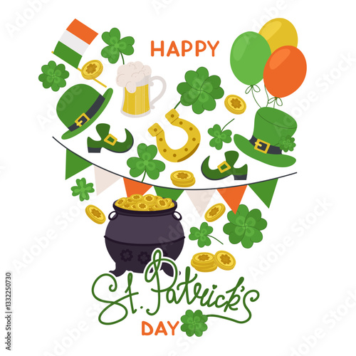 St. Patrick s Day greeting card. With a heart made of four-leaf clover and gold coins, beer. lucky horseshoe, hat, bowler hat, flag and garland. Greeting card or party invitation. White background.