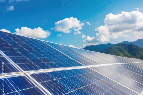 photography of collection of solar panels glinting under clear blue sky symbolizing sustainable energy with ample copy photo