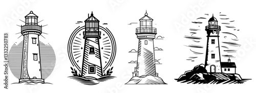 lighthouse collection in hand drawn style black and white vector illustration
