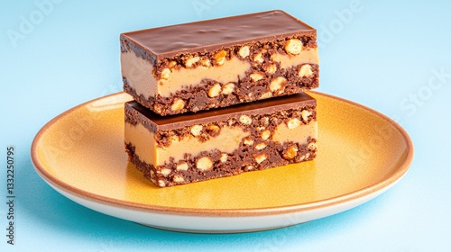Delectable Delight: Indulge your senses with a close-up view of a delectable dessert bar, layered with chocolate, creamy peanut butter, and crunchy nuts, presented on a bright yellow plate. 