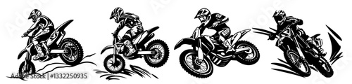motocross riders in action black and white extreme sport vector illustration