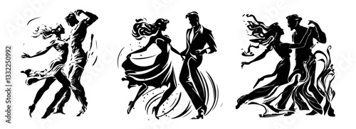 ballroom and latin dancers black and white vector illustration set
