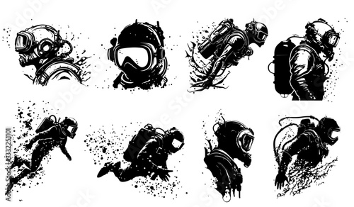 grunge style scuba divers black and white vector illustration set