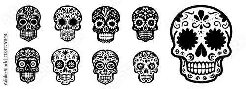 black and white sugar skull icons collection for dia de los muertos vector art