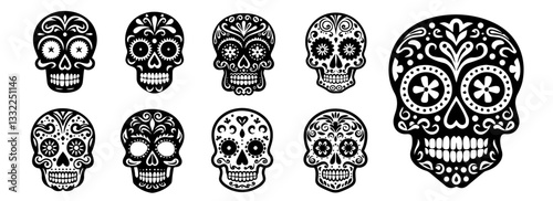 traditional mexican sugar skulls set black and white decorative vector collection