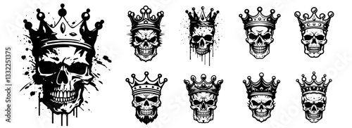 set of skulls with crowns dark tattoo style black and white vector illustration