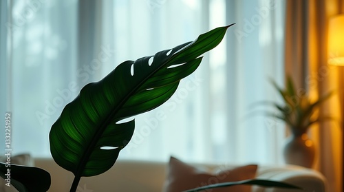 Monstera deliciosa leaf in sunlit window