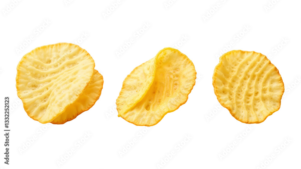 Three Distinct Potato Chips Isolated on Transparent Background for Food Advertising and Culinary Use Three Distinct Potato Chips Isolated on Transparent Background for Food Advertising and Culinary Use