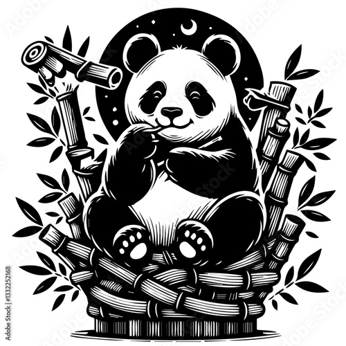 cute panda eating bamboo under moonlight black and white vector illustration