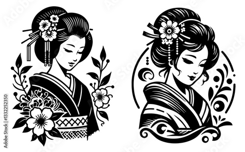japanese geisha portraits with floral decorations black and white vector art