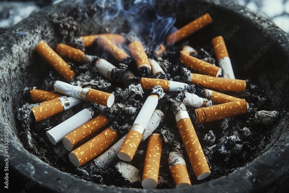 Smoking pile in ashtray filled with cigarette butts. Neural network AI generated Smoking pile in ashtray filled with cigarette butts. Neural network AI generated