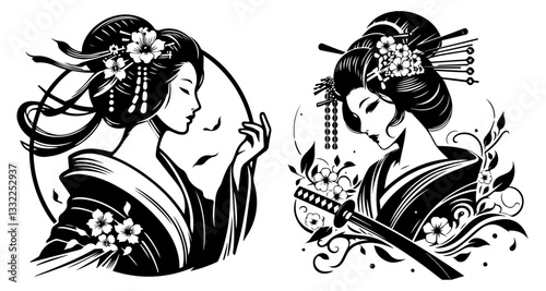 elegant geisha portraits with katana and flowers in black and white vector art