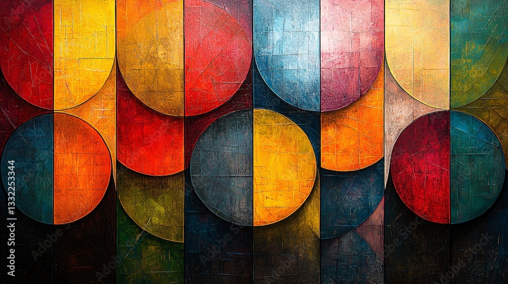 Fototapeta premium Colorful Abstract Wall Art Featuring Geometric Circles and Vibrant Textures in Fiery Hues