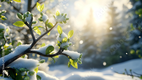 Closeup of branch in the beginning of spring with first green leaves starting to grow in the forest still covered with snow in the background. Concept of spring coming, winter leaving and change.