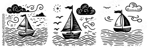 hand drawn black and white sailboat illustrations with waves and clouds