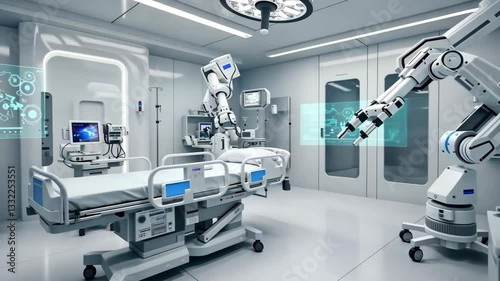 A high-tech robotic surgery room with advanced medical equipment. photo