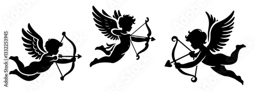 black and white cupid silhouette vector illustrations with bow and arrow