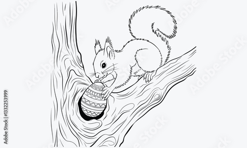 A black and white illustration of a squirrel climbing a thick, knotted branch and placing a skillfully patterned but still easily forgettable Easter egg into a hole in the branch