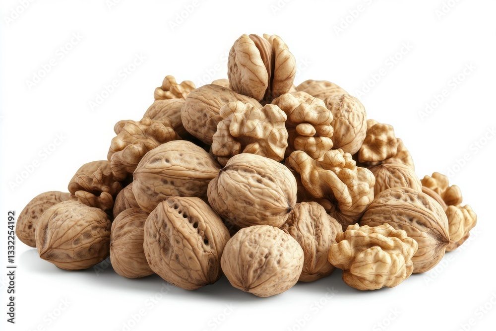 Pile of walnuts on white background nutty texture display. Neural network AI generated Pile of walnuts on white background nutty texture display. Neural network AI generated