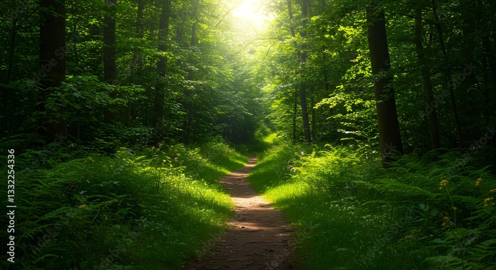 Obraz premium Sunlit Forest Path: Green Trees, Lush Foliage, Nature Trail