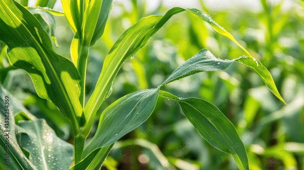 Close-Up View of Dew-Kissed Green Corn Leaves Swaying Gently in the Breeze, Symbolizing Abundance and Growth in Agricultural Landscapes Close-Up View of Dew-Kissed Green Corn Leaves Swaying Gently in the Breeze, Symbolizing Abundance and Growth in Agricultural Landscapes