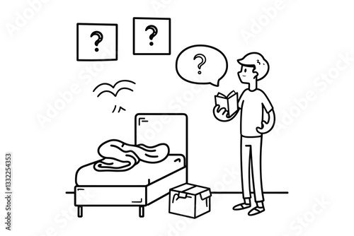 Conceptual Illustration of Man in a Room with a Question Mark - Black and White Sketch