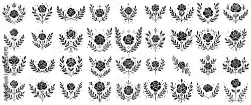 black and white symmetrical floral emblem and bouquet vector set