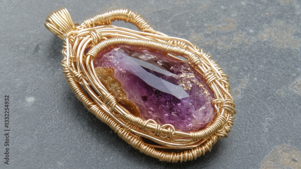 Naklejka premium A detailed view of a handmade amethyst pendant with a delicate wire-wrapped frame.